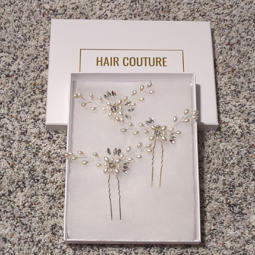 Pearl, Silver, Rhinestone Hair Pins on gold pin legs.